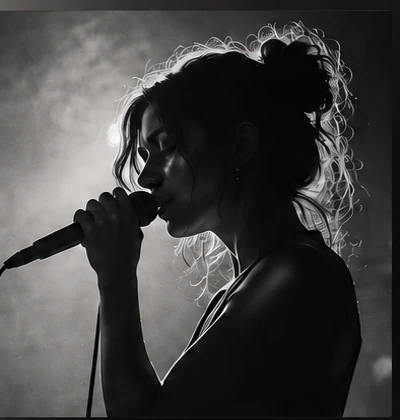Une chanteuse au micro sur scene, en contre-jour